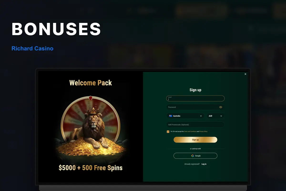 Richard Casino bonus — up to A$500 + 200 free spins welcome package.